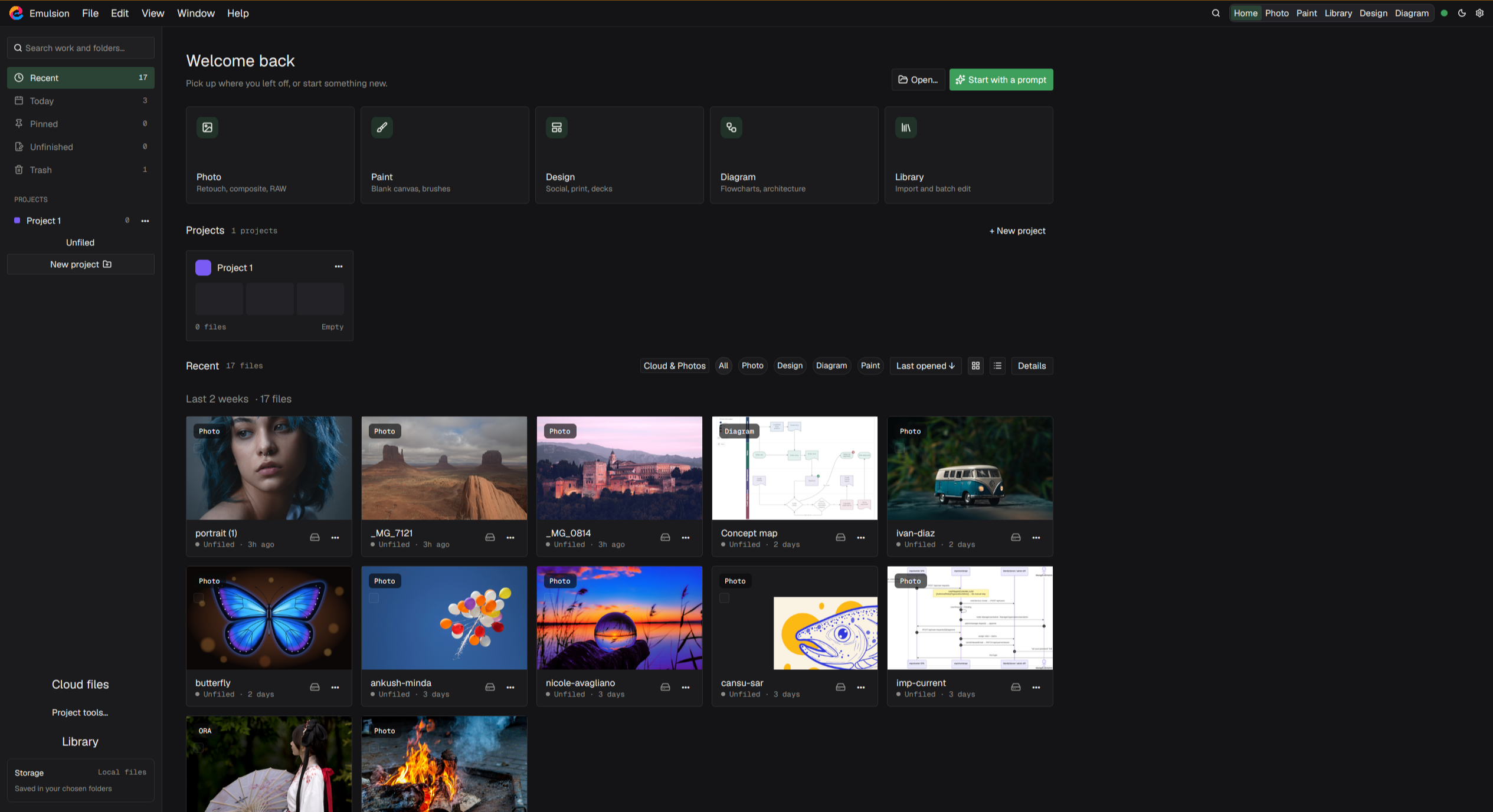 Emulsion Home with five workspace shortcuts, a project card and its action menu, the projects sidebar, and a grid of recent files