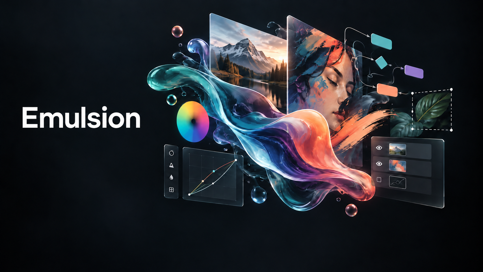 Emulsion: flowing colour brings a photograph, painted portrait, colour controls, layers, and a diagram together